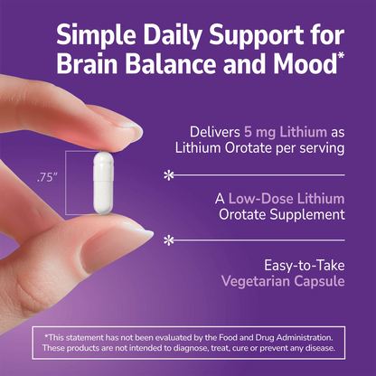 Hand holding a Lithium Orotate supplement with text about product benefits on a purple background
