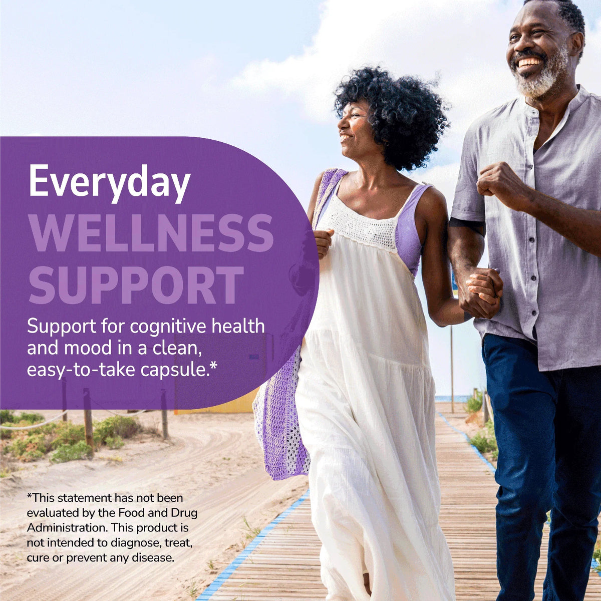 Couple walking on a beach with health supplement information overlay