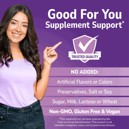 Woman holding her hand out with Good For You branding on a purple background and No Added info
