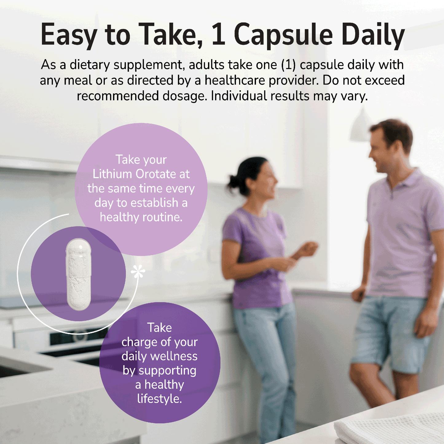 Man and woman smiling indoors with a product advertisement overlay and product directions