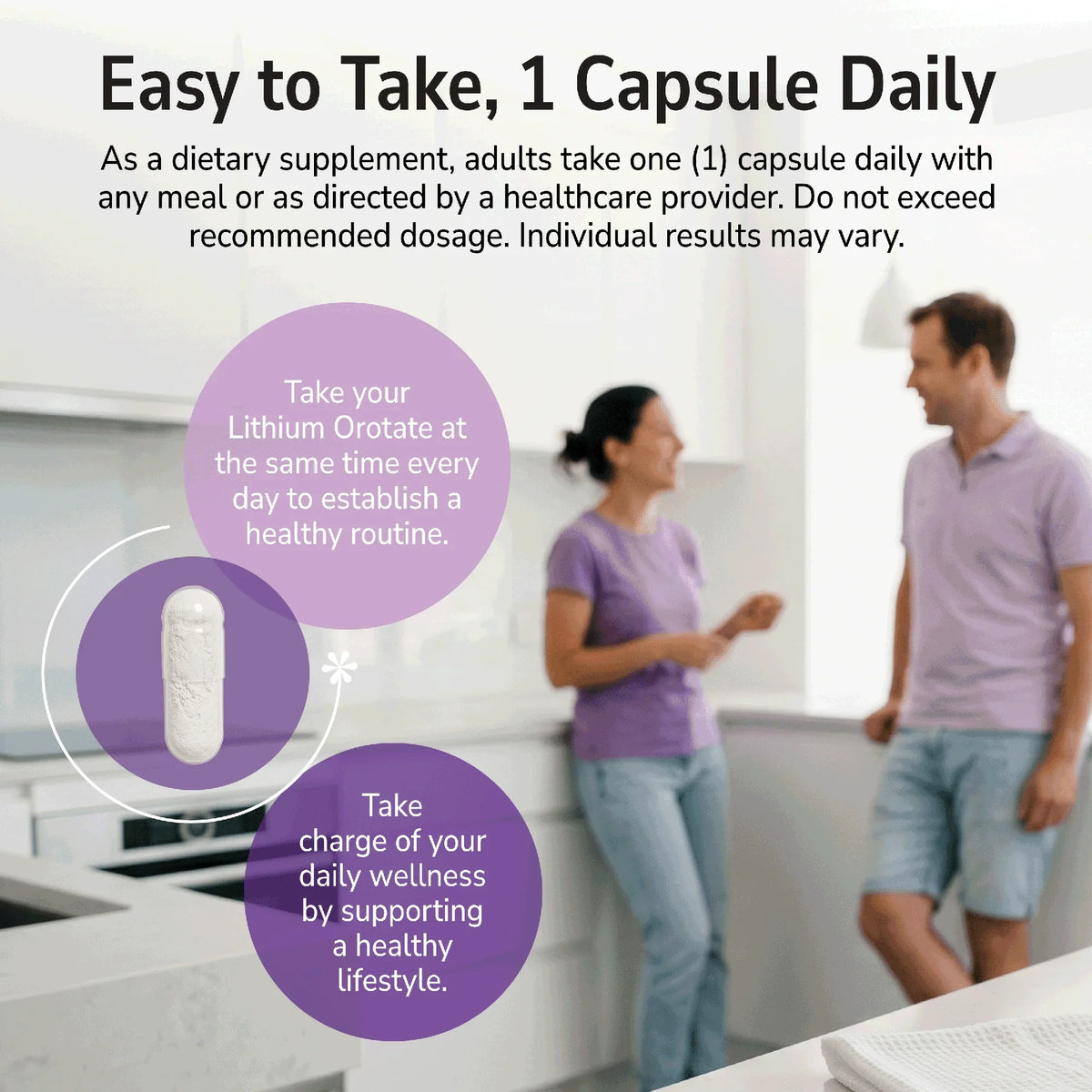 Man and woman smiling indoors with a product advertisement overlay and product directions
