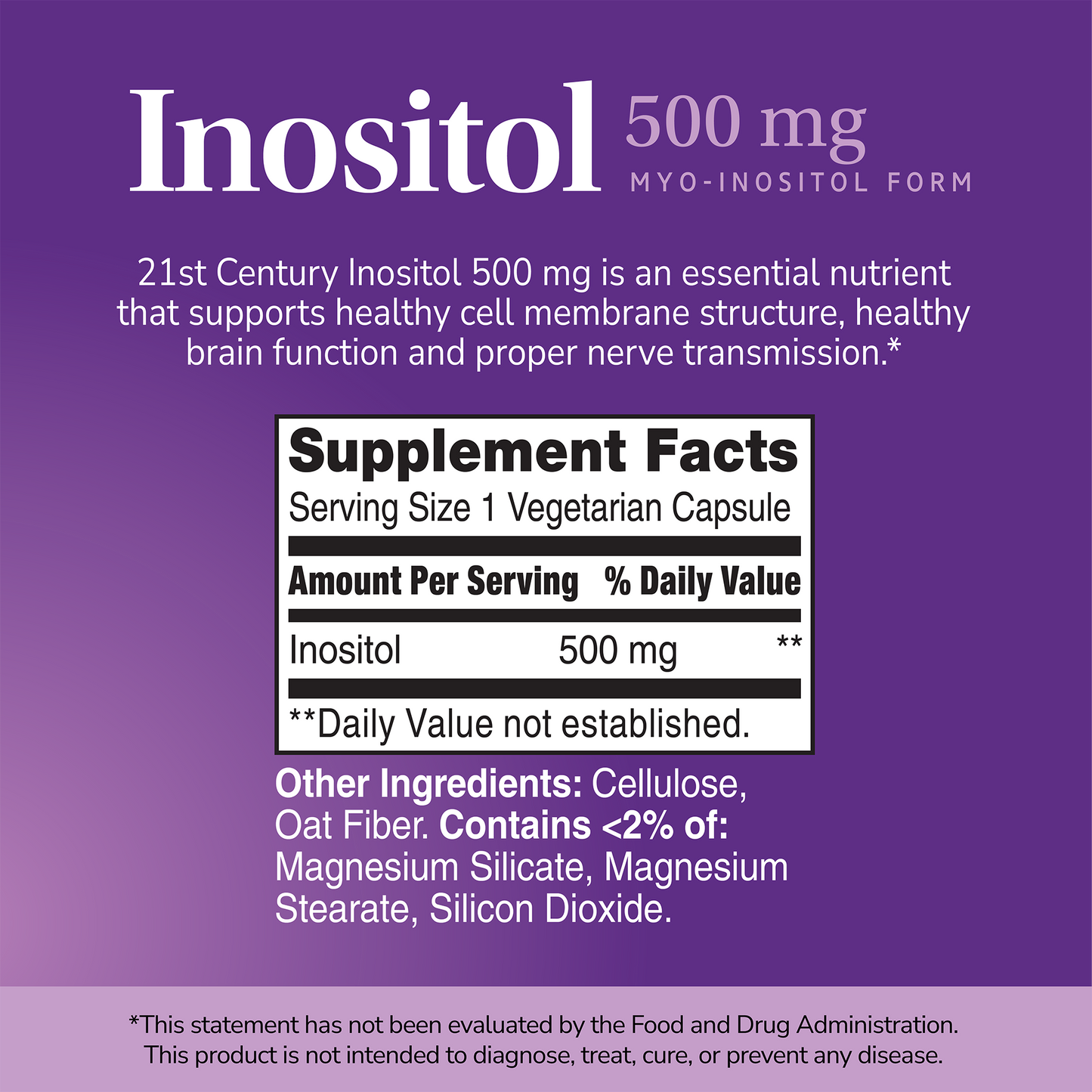 Supplement label for Inositol 500mg with ingredient list and serving size on a purple background