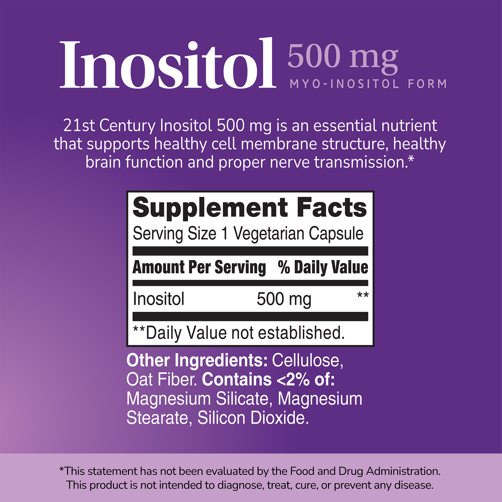 Supplement label for Inositol 500mg with ingredient list and serving size on a purple background