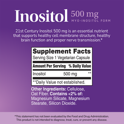 Supplement label for Inositol 500mg with ingredient list and serving size on a purple background