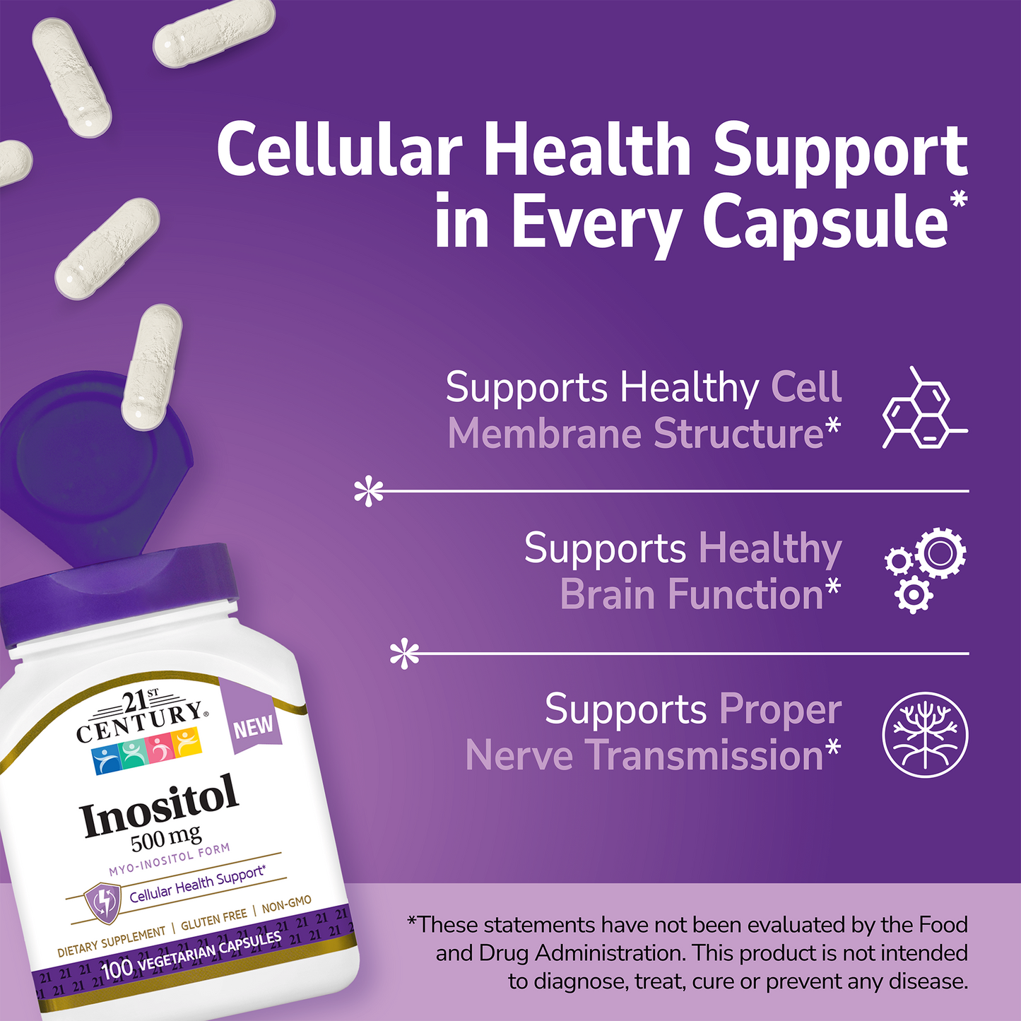 21st Century Inositol 500mg supplement bottle with pills spilling out and white text on a purple background