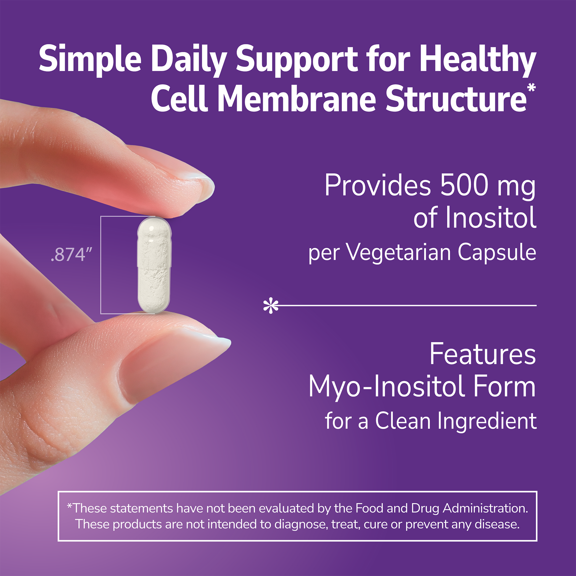 Hand holding a Inositol supplement with text about product benefits on a purple background
