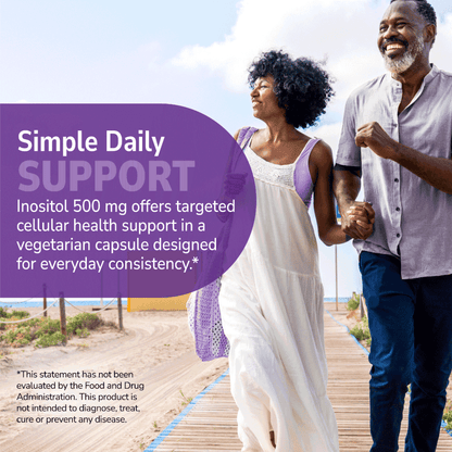 Couple walking on a beach with health supplement information overlay