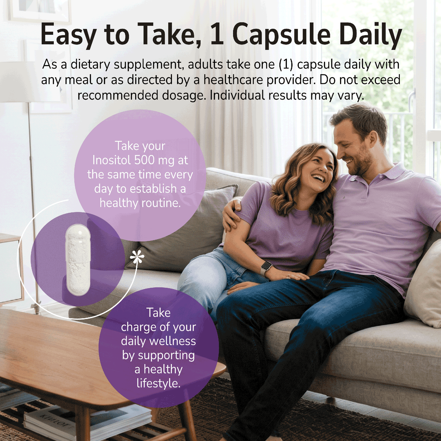 Man and woman smiling on a sofa indoors with a product advertisement overlay and product directions
