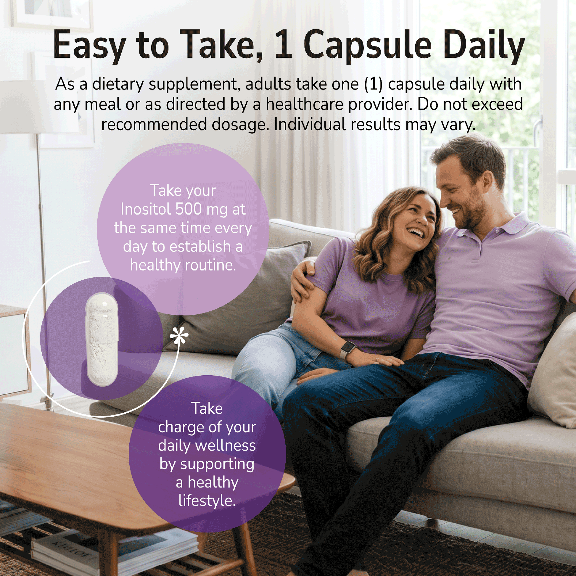 Man and woman smiling on a sofa indoors with a product advertisement overlay and product directions