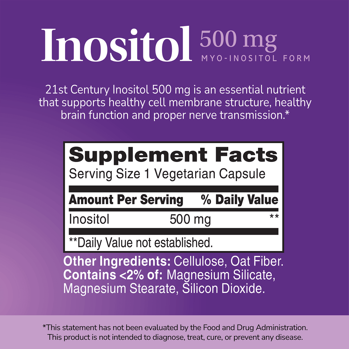 Supplement label for Inositol 500 mg with ingredient list and serving size on a purple background 