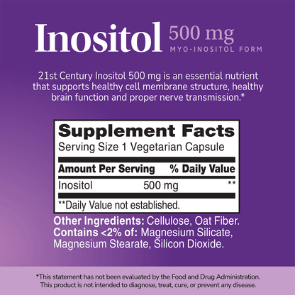 Supplement label for Inositol 500 mg with ingredient list and serving size on a purple background 