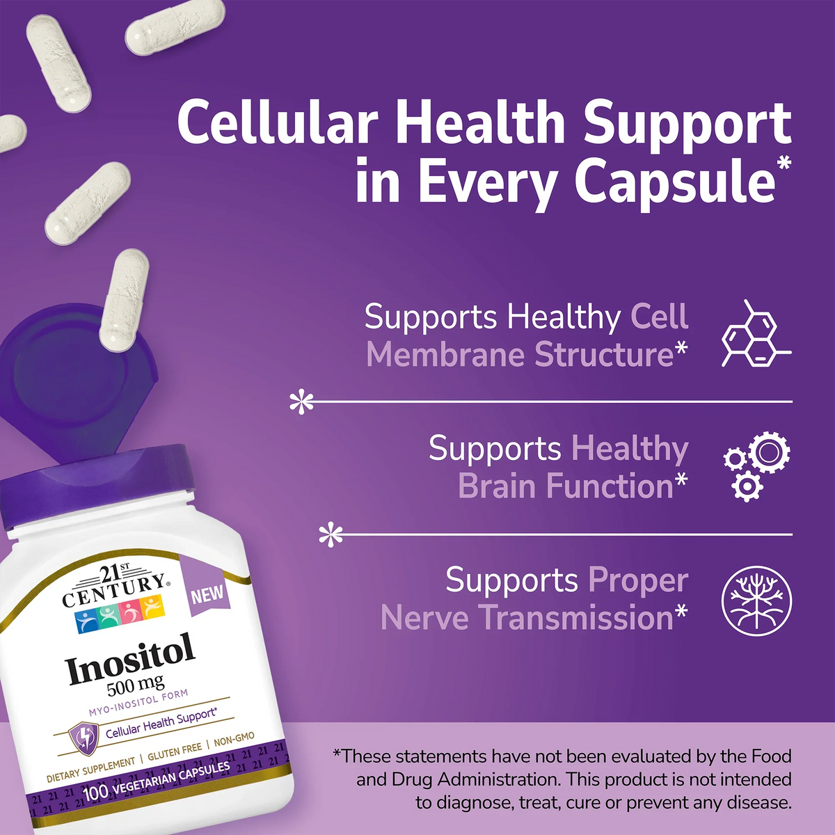 21st Century Inositol 500mg supplement bottle with pills spilling out and white text on a purple background