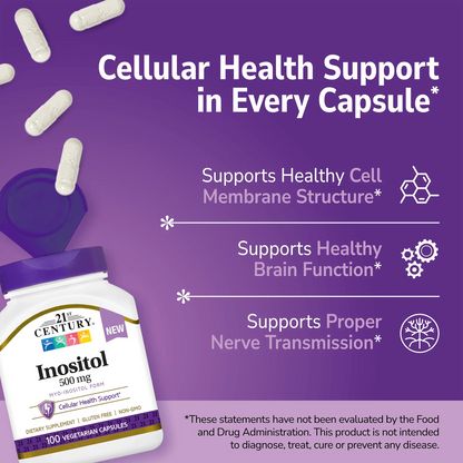 21st Century Inositol 500mg supplement bottle with pills spilling out and white text on a purple background