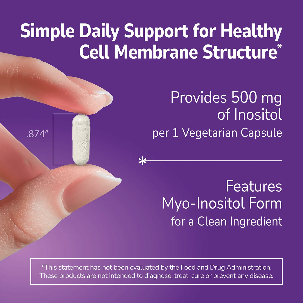 Hand holding a Inositol 500 mg supplement with text about product benefits on a purple background