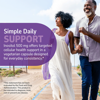 Couple walking on a beach with health supplement information overlay