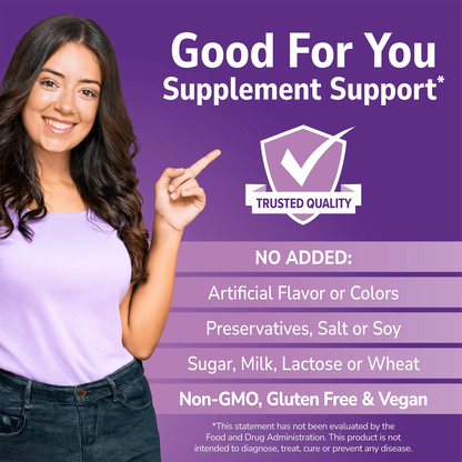 Woman holding her hand out with Good For You branding on a purple background and No Added info