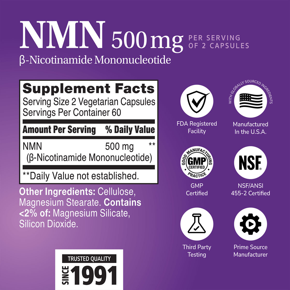 Supplement label for NMN with ingredient list and serving size on a purple background with quality image icons 