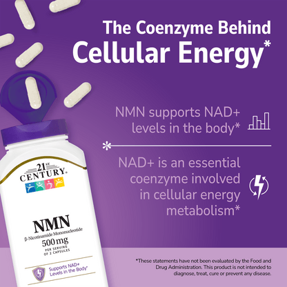 21st Century NMN supplement bottle with pills spilling out and white text on a purple background