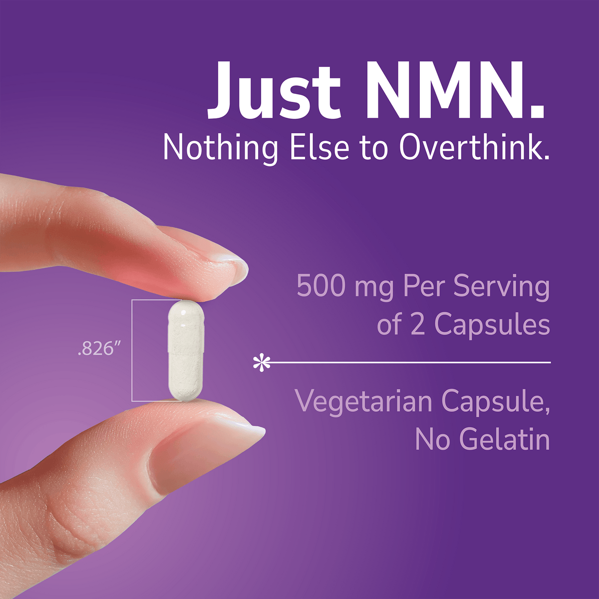 Hand holding a NMN supplement with text about product benefits on a purple background