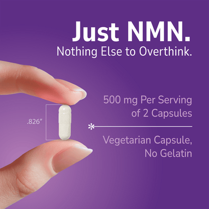 Hand holding a NMN supplement with text about product benefits on a purple background