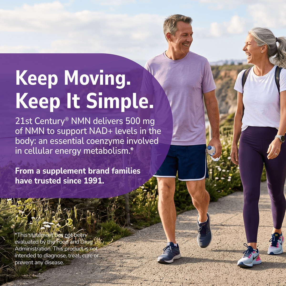 Couple walking outside with health supplement information overlay