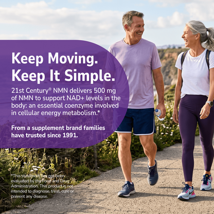 Couple walking outside with health supplement information overlay