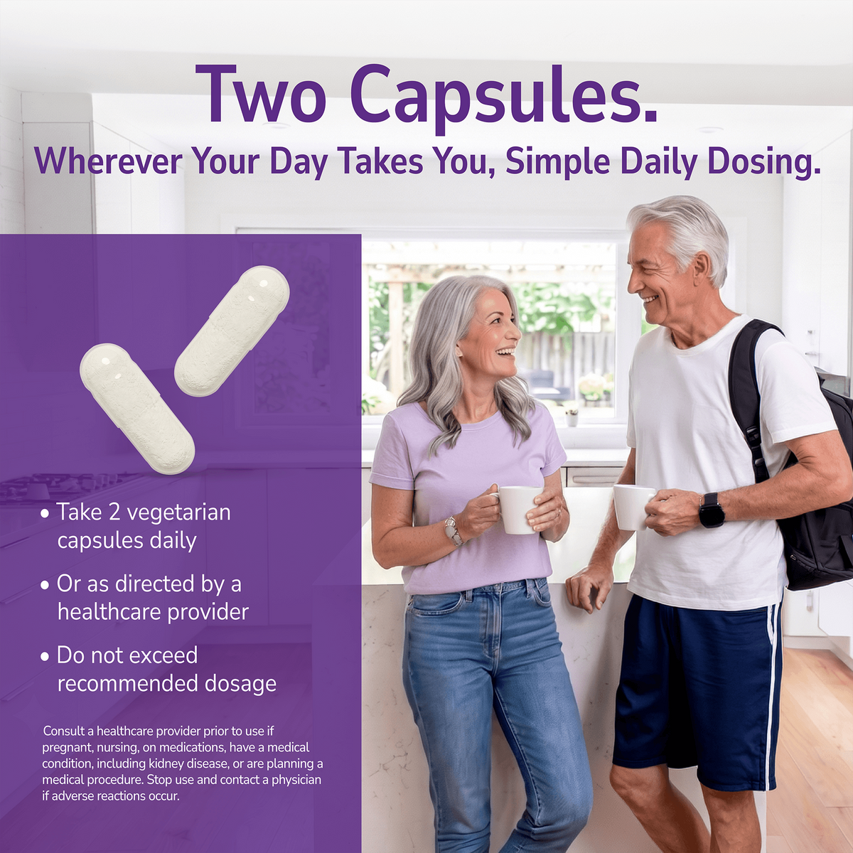 Man and woman smiling indoors with a product advertisement overlay and product directions