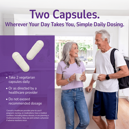Man and woman smiling indoors with a product advertisement overlay and product directions