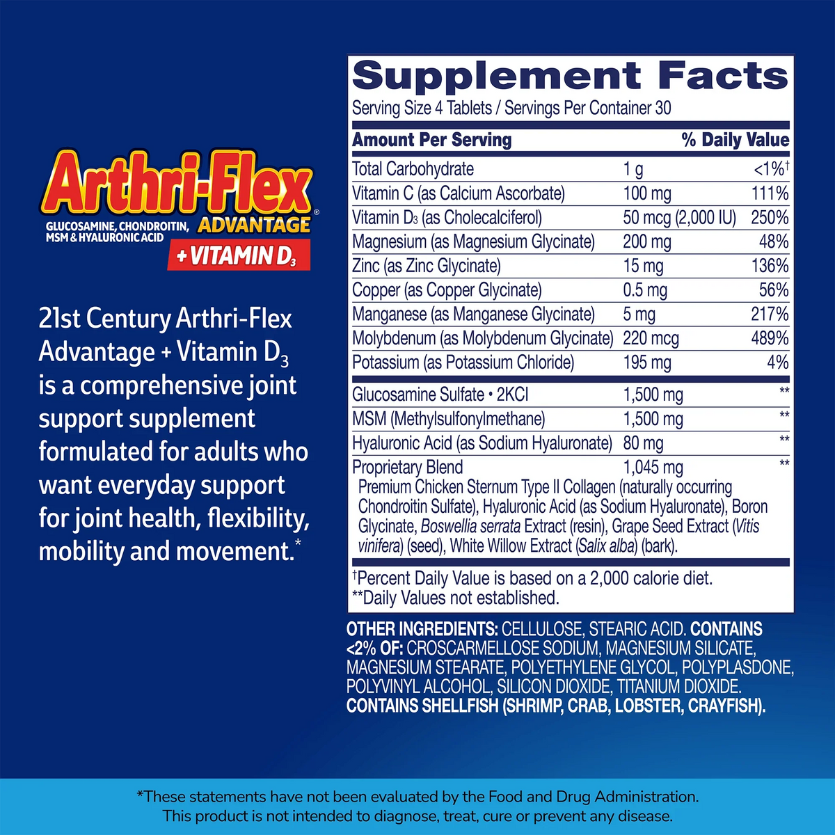 Supplement label for Arthri-Flex Advantage with ingredient list and serving size on a blue background 