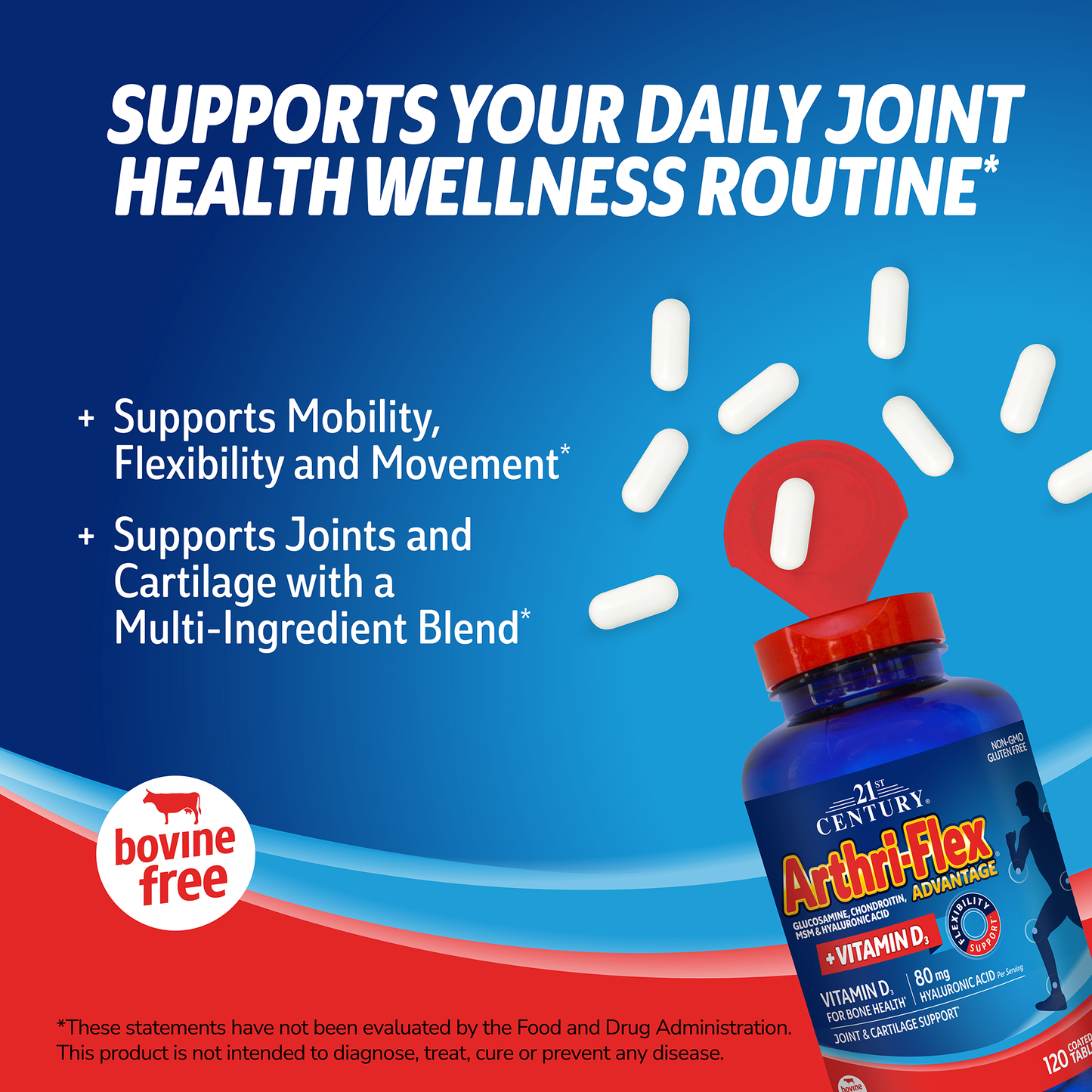 21st Century Arthri-Flex plus D supplement bottle with pills spilling out and white text on a blue background