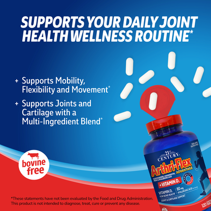 21st Century Arthri-Flex plus D supplement bottle with pills spilling out and white text on a blue background