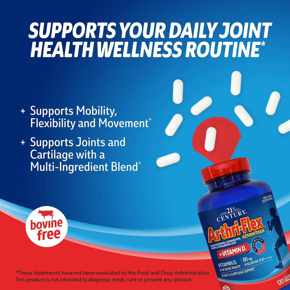 21st Century Arthri-Flex Advantage supplement bottle with pills spilling out and white text on a blue background