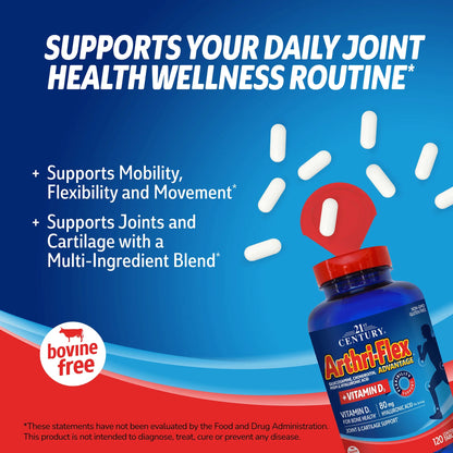 21st Century Arthri-Flex Advantage supplement bottle with pills spilling out and white text on a blue background