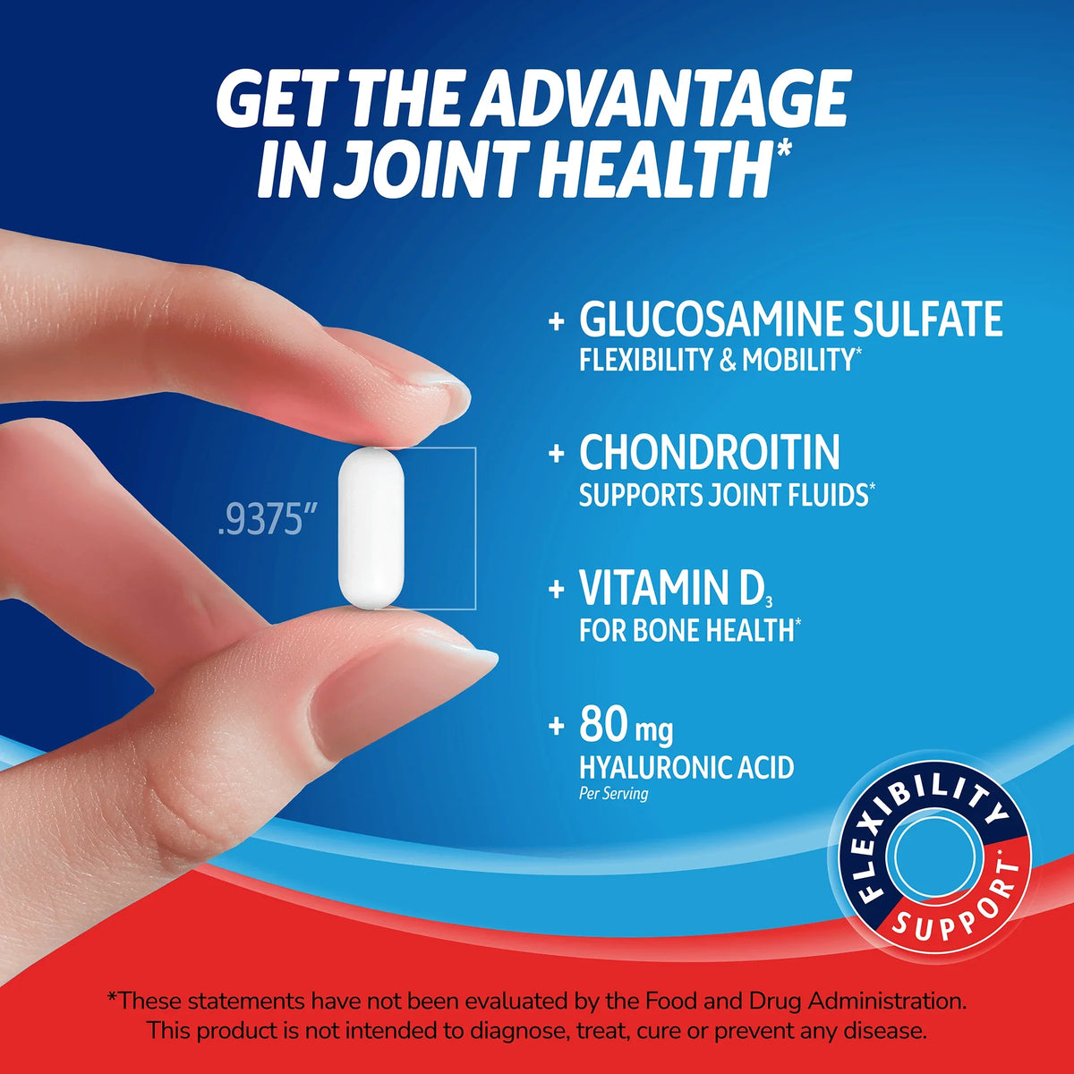 Hand holding a Arthri-Flex Advantage supplement with text about product benefits on a blue background