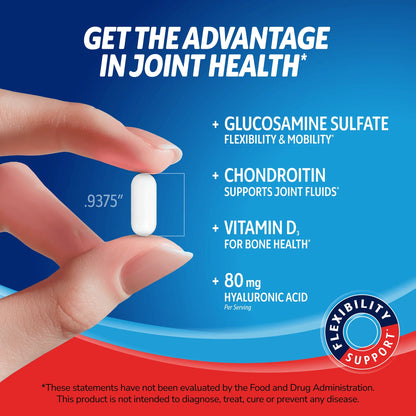 Hand holding a Arthri-Flex Advantage supplement with text about product benefits on a blue background