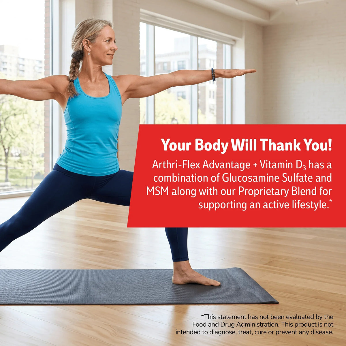 Woman stretching inside with health supplement information overlay