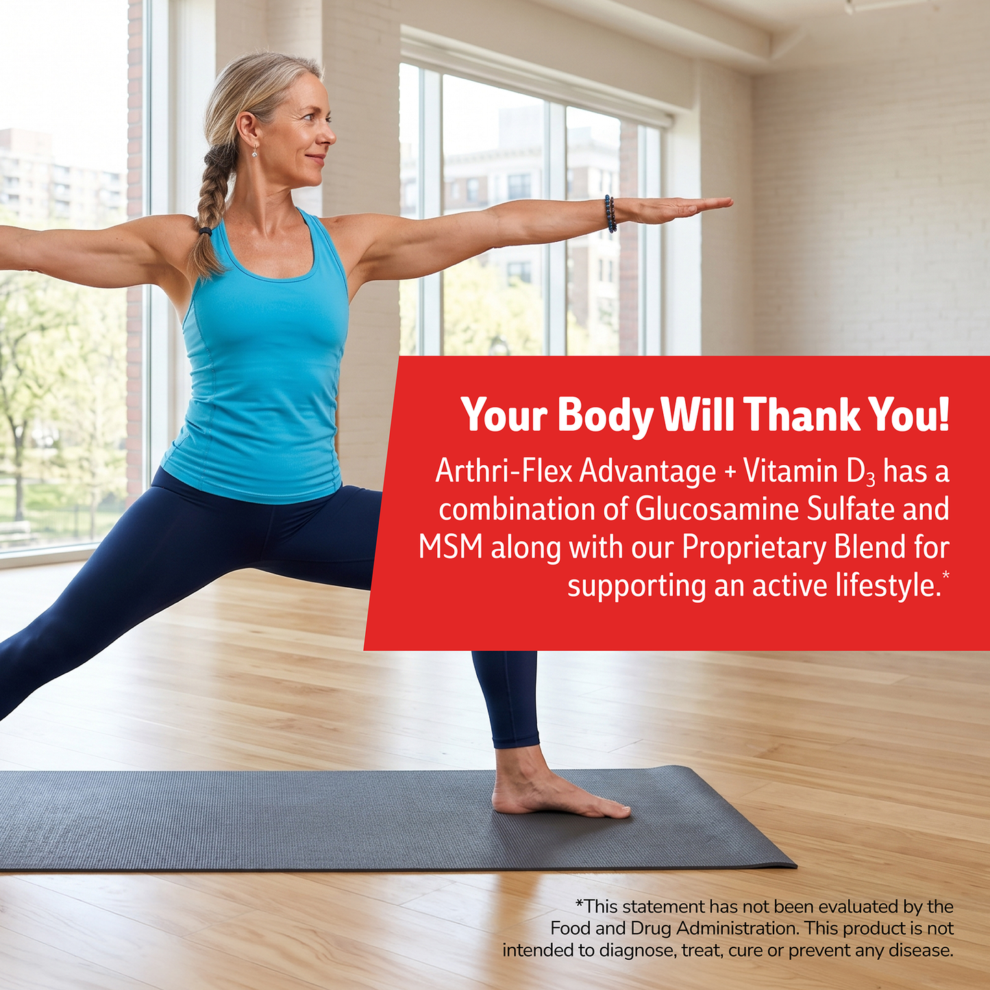 Woman in yoga pose with health supplement information overlay