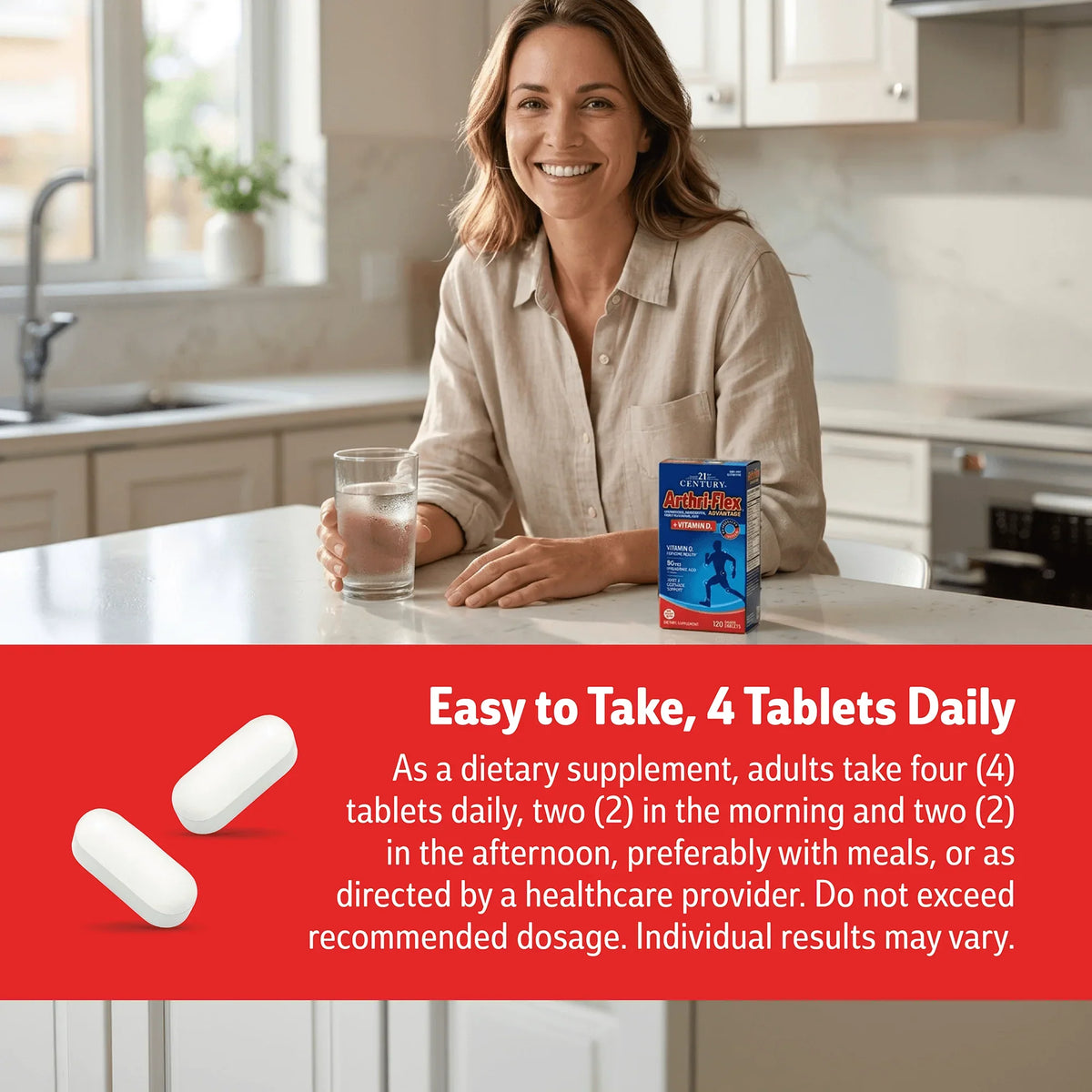 Woman smiling indoors with a product advertisement overlay and product directions