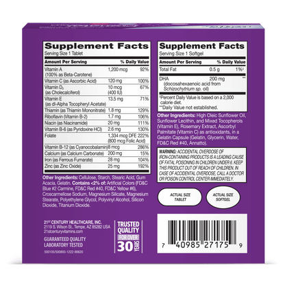 Back side box view of 21st Century One Daily Prenatal Multivitamin Plus DHA tablets and softgels.