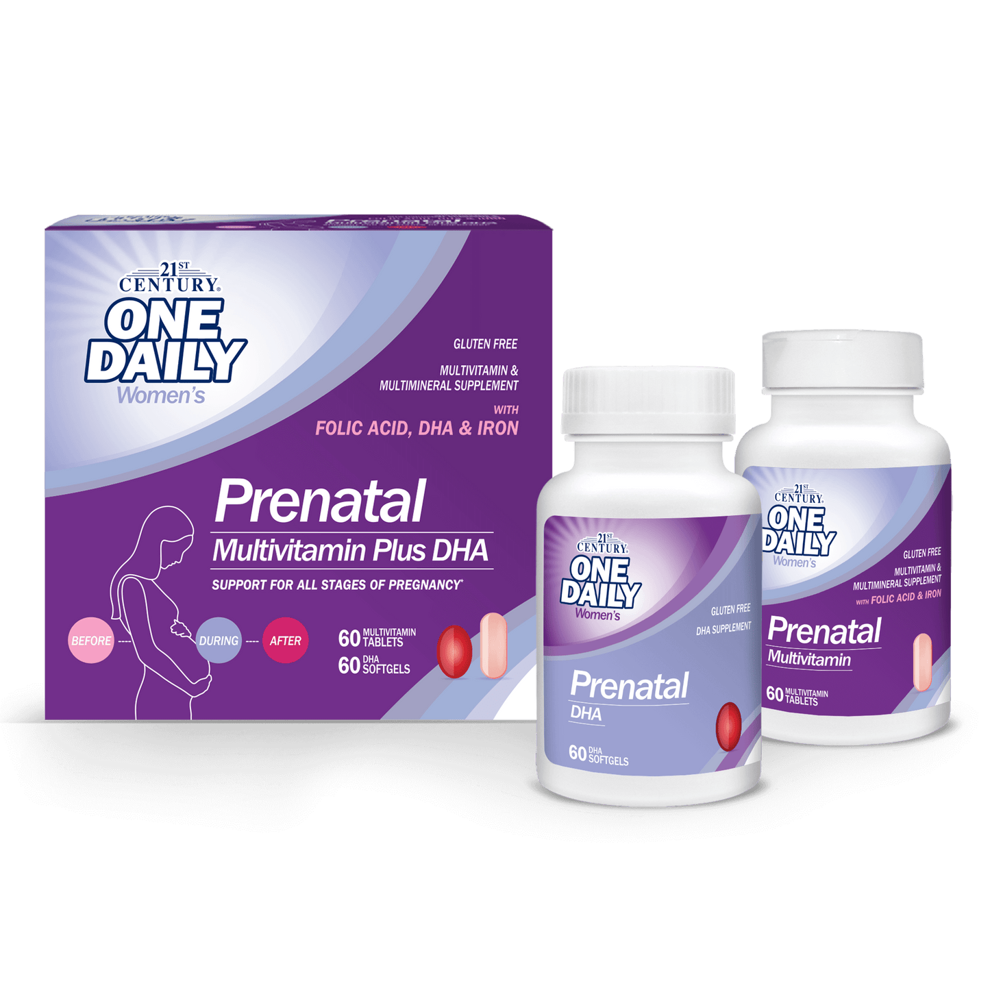 A box and two bottles of 21st Century One Daily Prenatal Multivitamin Plus DHA tablets and softgels.
