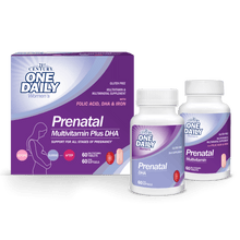 A box and two bottles of 21st Century One Daily Prenatal Multivitamin Plus DHA tablets and softgels.