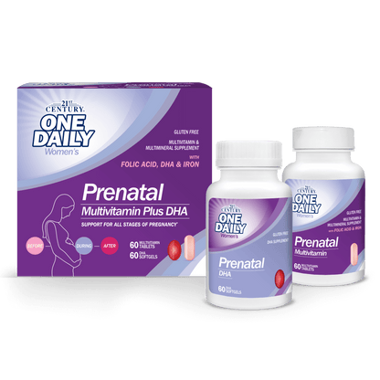 A box and two bottles of 21st Century One Daily Prenatal Multivitamin Plus DHA tablets and softgels.