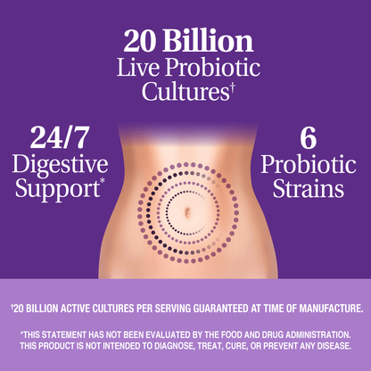 A graphic of a woman's stomach with the words 20 billion live probiotic cultures, 24/7 digestive support, and 6 probiotic strains.