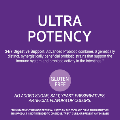 A graphic icon with the words ultra potency, 24/7 digestive support, advanced probiotic combines 6 distinct, synergistically beneficial probiotic strains that support the immune system and probiotic activity in the intestines, gluten free, no added sugar, salt, yeast, preservatives, artificial flavors or colors.