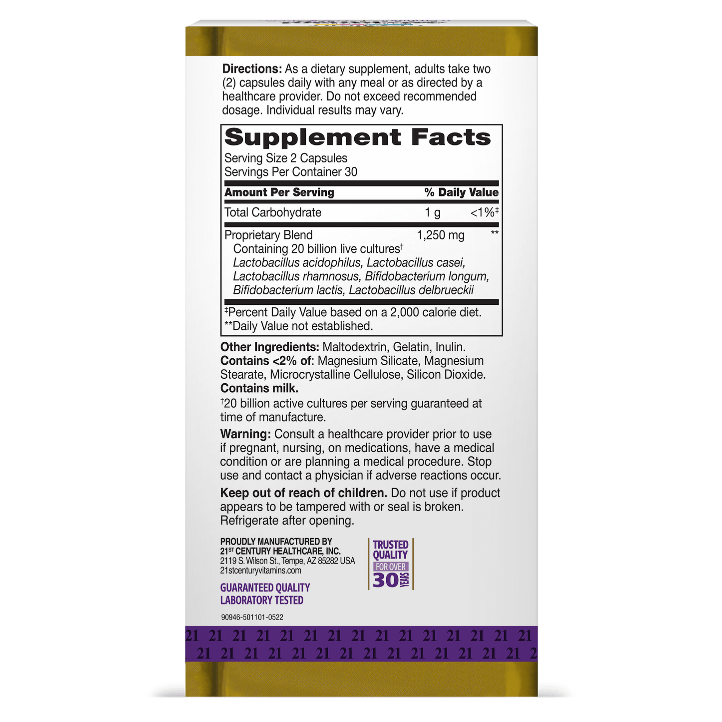 Back side box view of 21st Century Advanced Probiotic capsules.