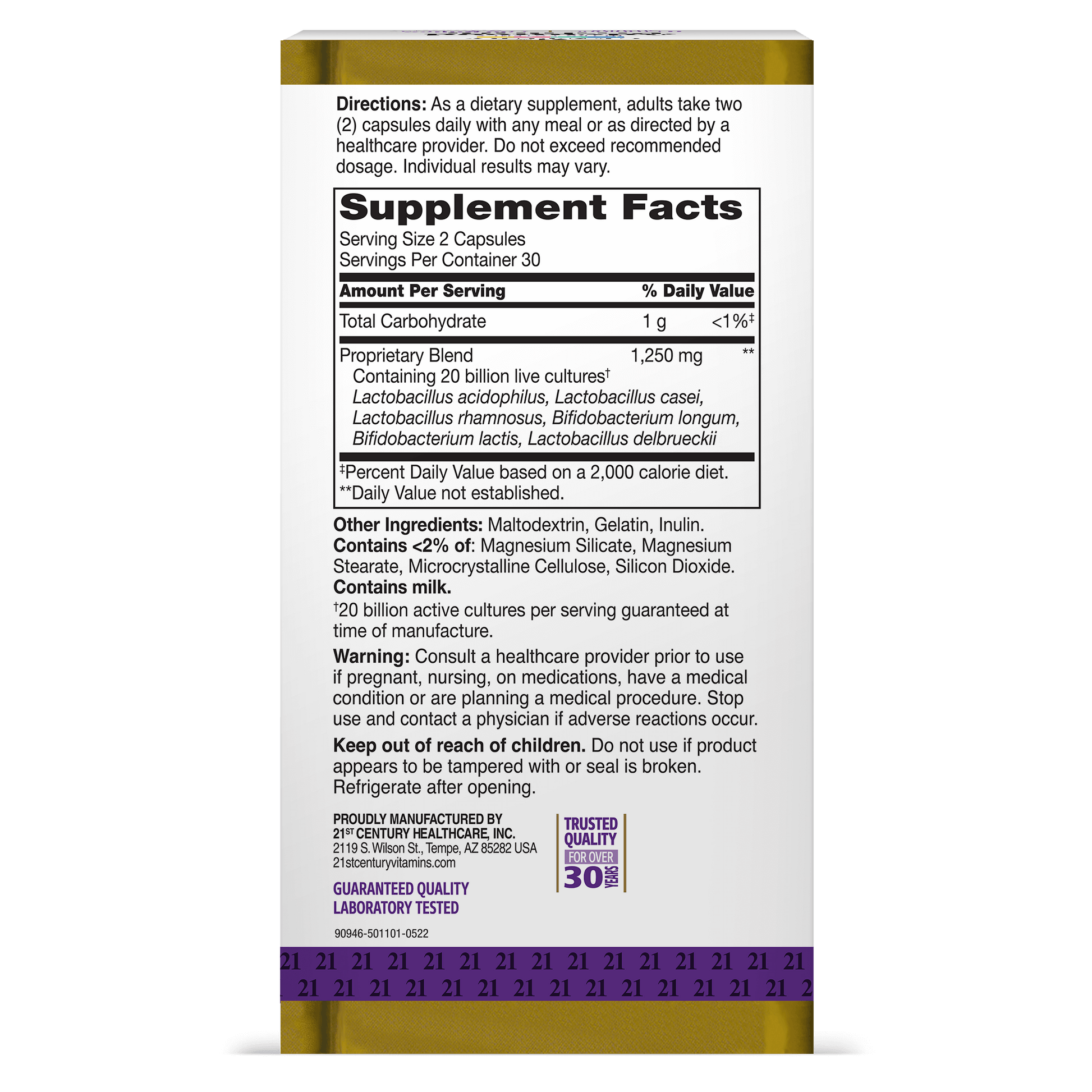 Back side box view of 21st Century Advanced Probiotic capsules.