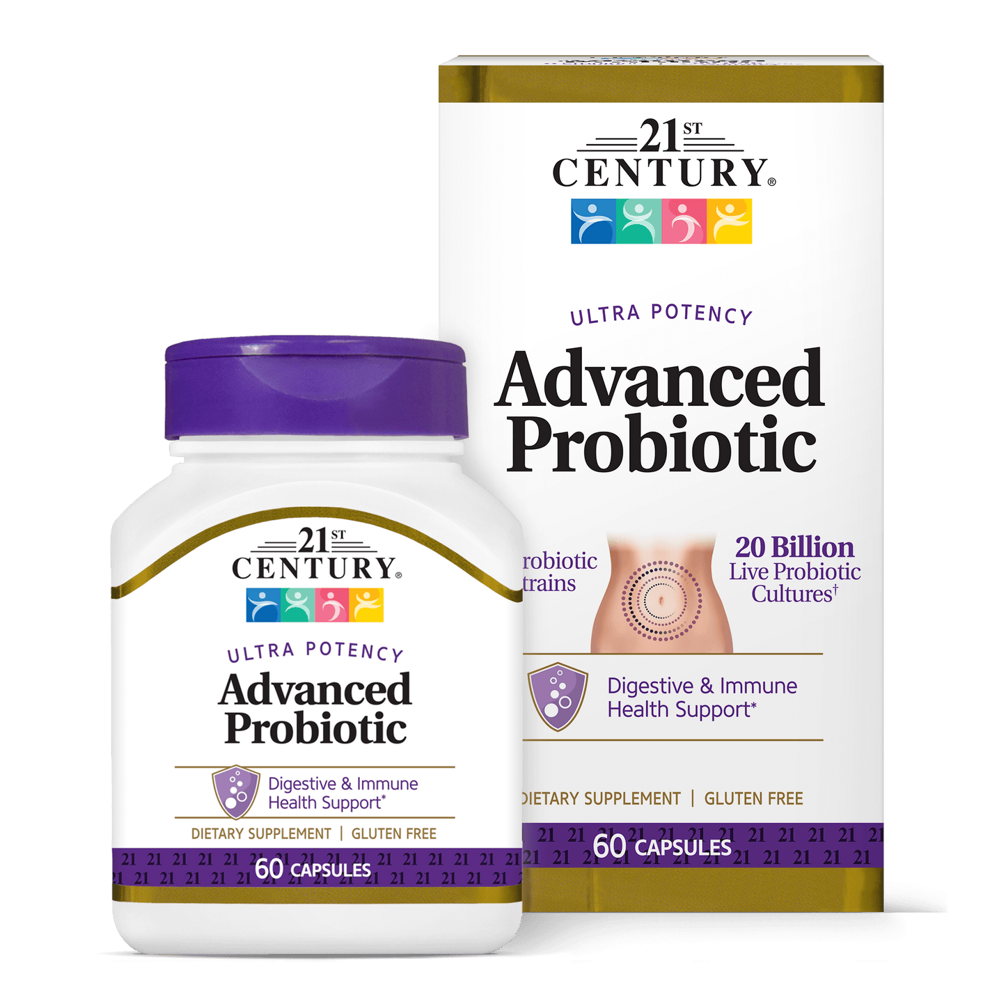 A box and bottle of 21st Century Advanced Probiotic capsules.