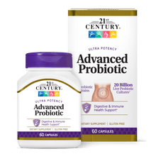A box and bottle of 21st Century Advanced Probiotic capsules.