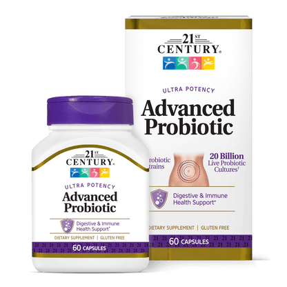 A box and bottle of 21st Century Advanced Probiotic capsules.