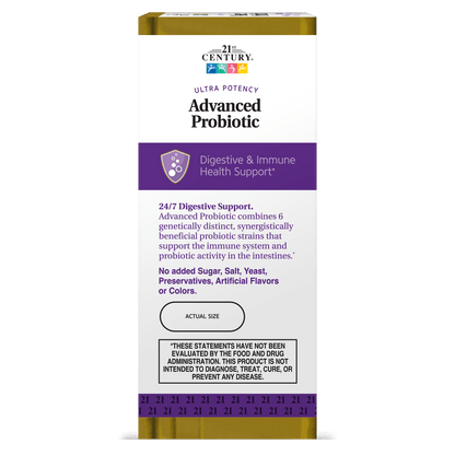 Left side box view of 21st Century Advanced Probiotic capsules.